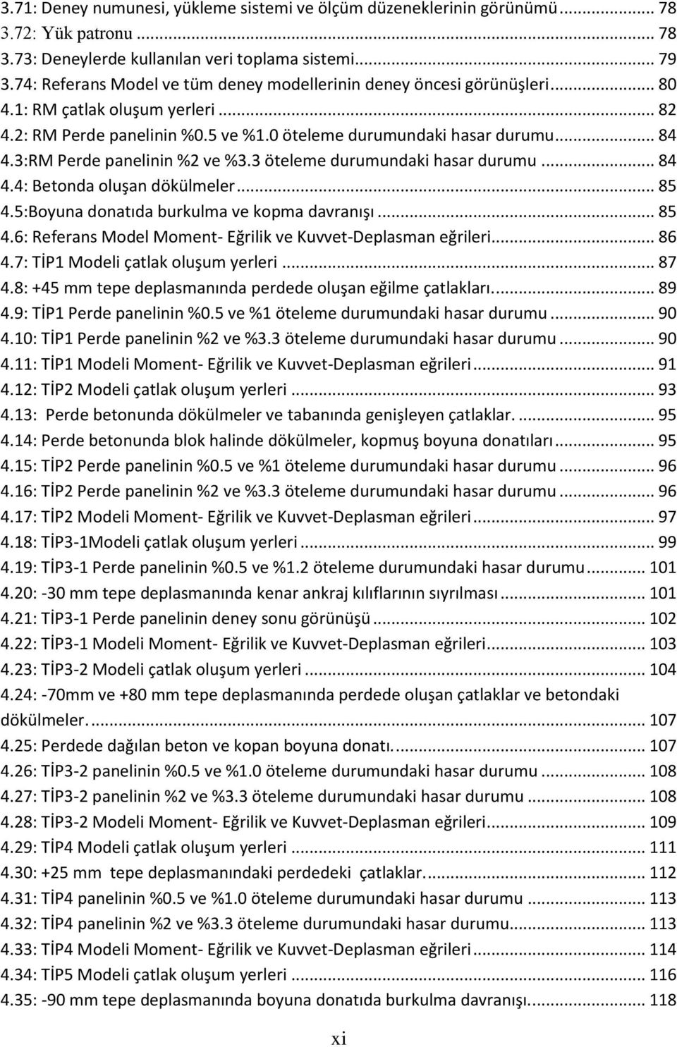 3:RM Perde panelinin %2 ve %3.3 öteleme durumundaki hasar durumu... 84 4.4: Betonda oluşan dökülmeler... 85 4.5:Boyuna donatıda burkulma ve kopma davranışı... 85 4.6: Referans Model Moment- Eğrilik ve Kuvvet-Deplasman eğrileri.