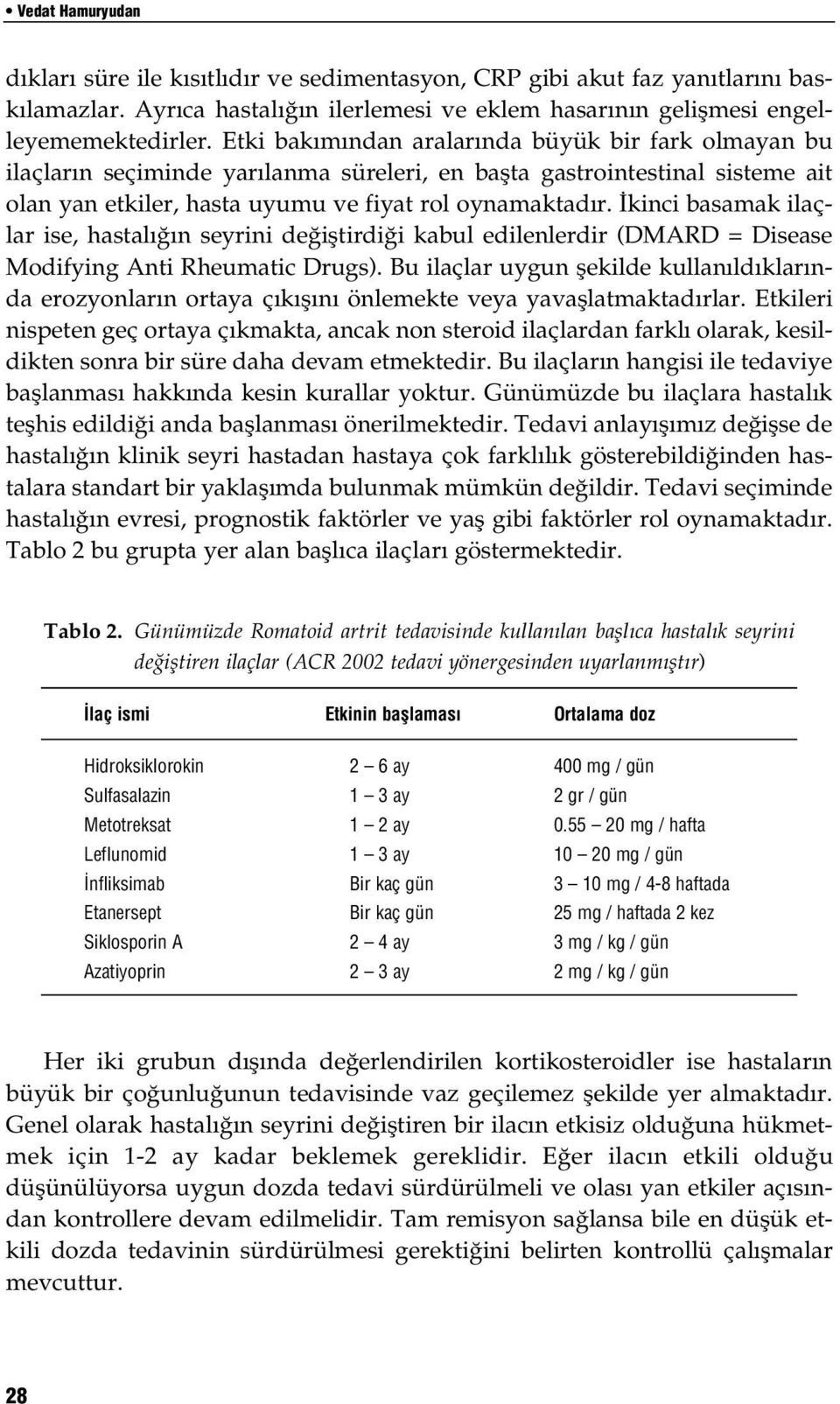 İkinci basamak ilaçlar ise, hastalığın seyrini değiştirdiği kabul edilenlerdir (DMARD = Disease Modifying Anti Rheumatic Drugs).