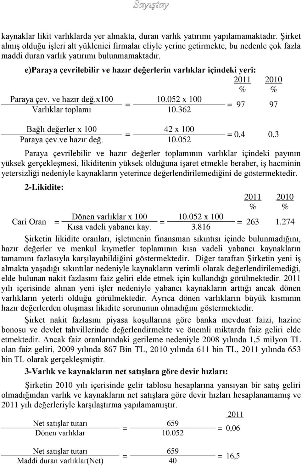 e)paraya çevrilebilir ve hazır değerlerin varlıklar içindeki yeri: 2011 2010 % % Paraya çev. ve hazır değ.x100 10.052 x 100 = Varlıklar toplamı 10.