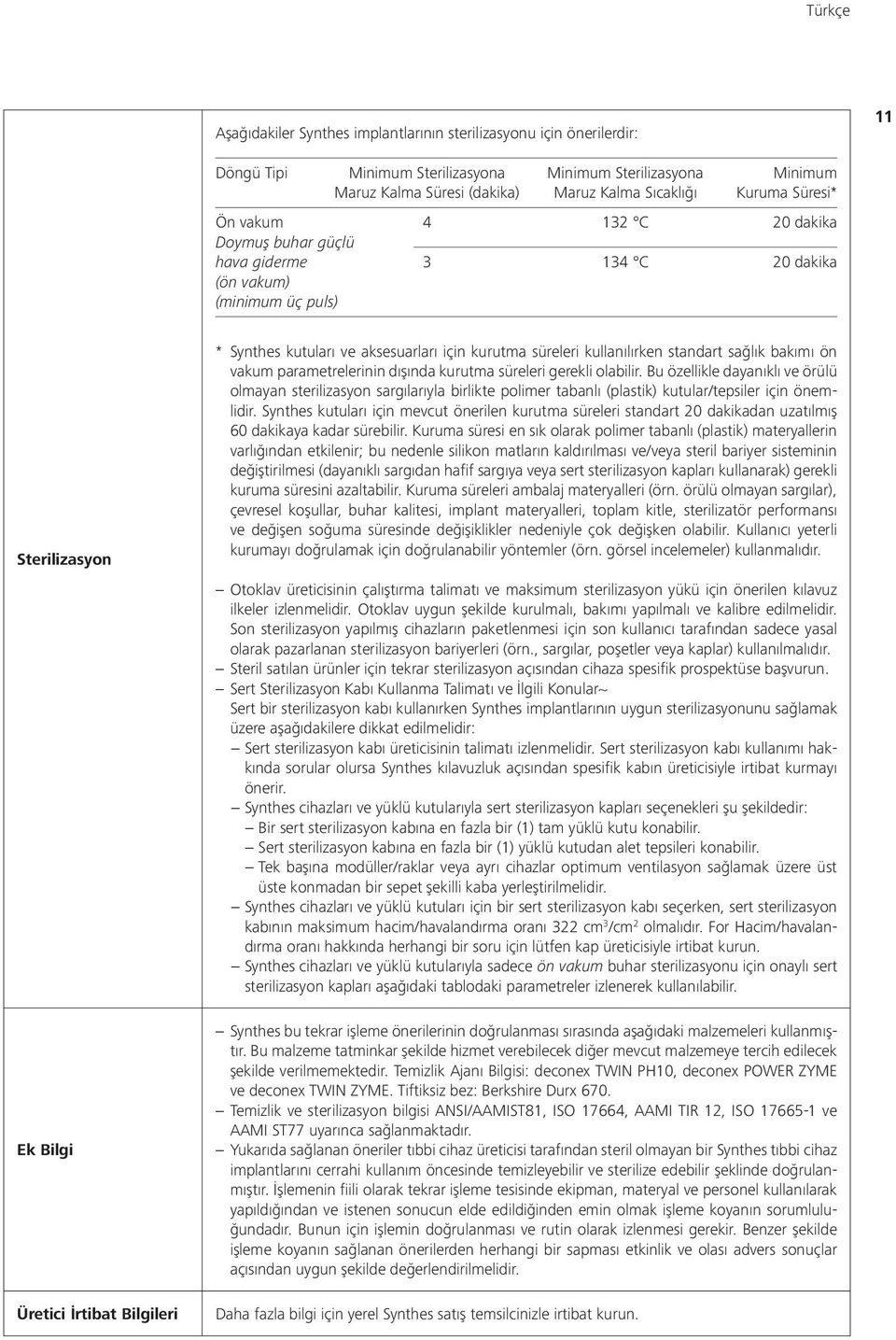 aksesuarları için kurutma süreleri kullanılırken standart sağlık bakımı ön vakum parametrelerinin dışında kurutma süreleri gerekli olabilir.