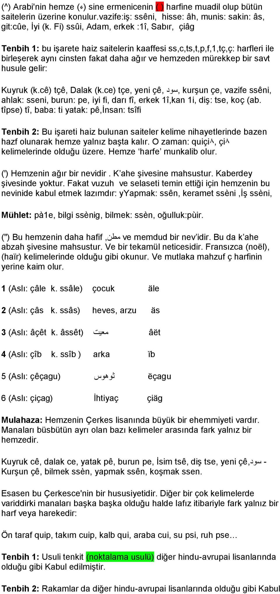 gelir: Kuyruk (k.cê) tçê, Dalak (k.ce) tçe, yeni çê,,سود kurşun çe, vazife ssêni, ahlak: sseni, burun: pe, iyi fi, darı fî, erkek 1î,kan 1i, diş: tse, koç (ab.