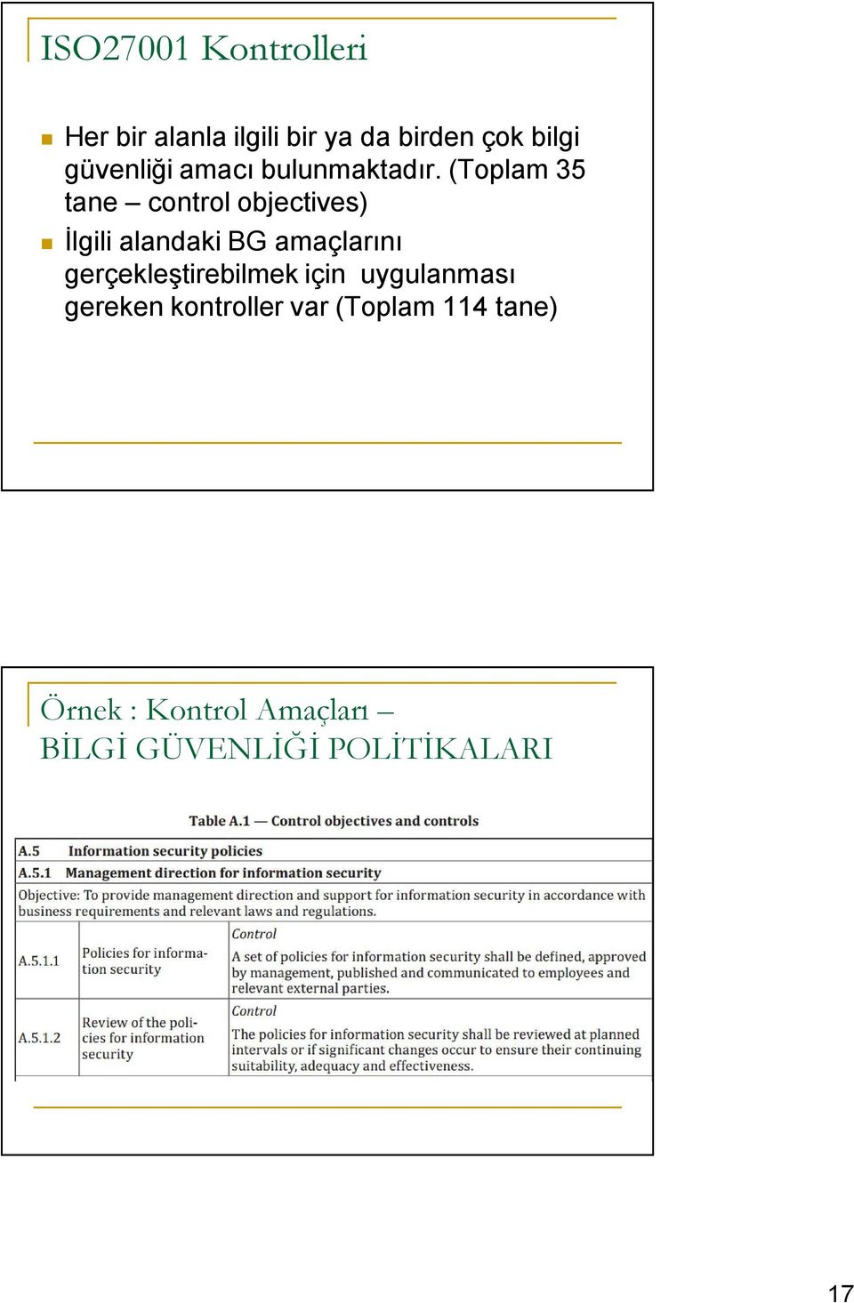 (Toplam 35 tane control objectives) İlgili alandaki BG amaçlarını