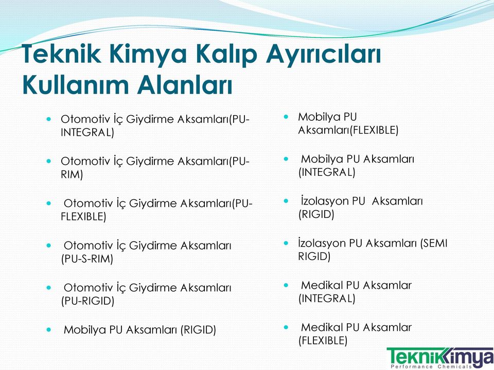 Giydirme Aksamları (PU-RIGID) Mobilya PU Aksamları (RIGID) Mobilya PU Aksamları(FLEXIBLE) Mobilya PU Aksamları