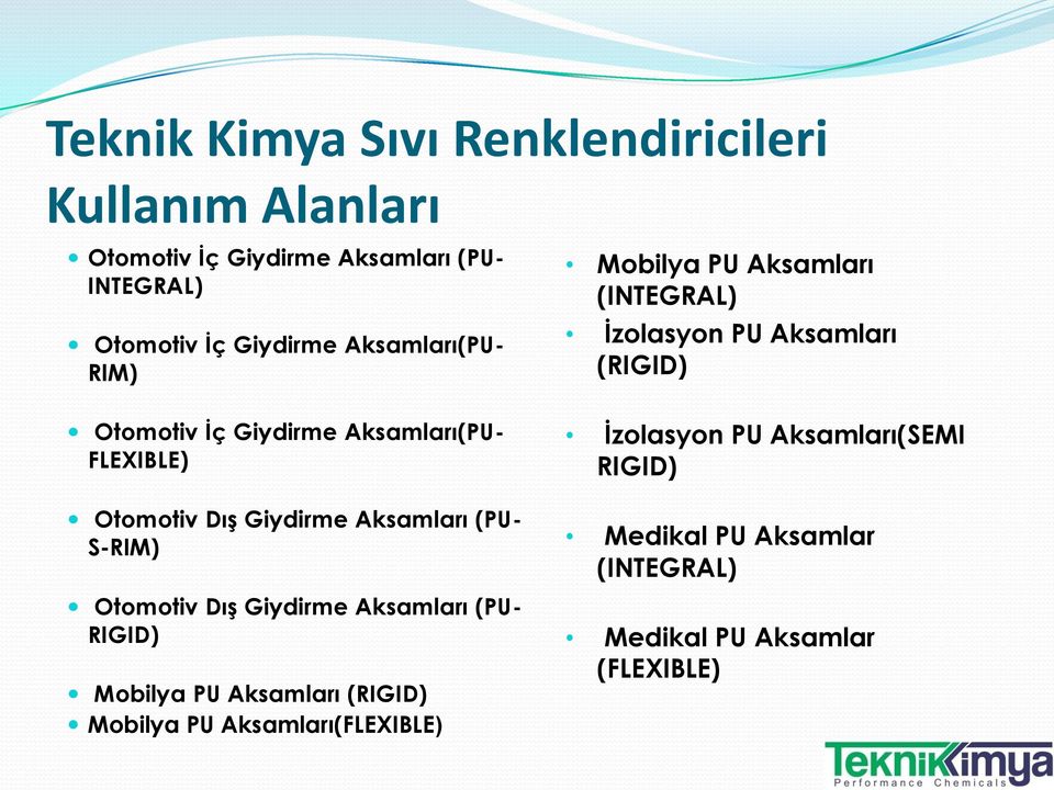 Giydirme Aksamları (PU- RIGID) Mobilya PU Aksamları (RIGID) Mobilya PU Aksamları(FLEXIBLE) Mobilya PU Aksamları (INTEGRAL)