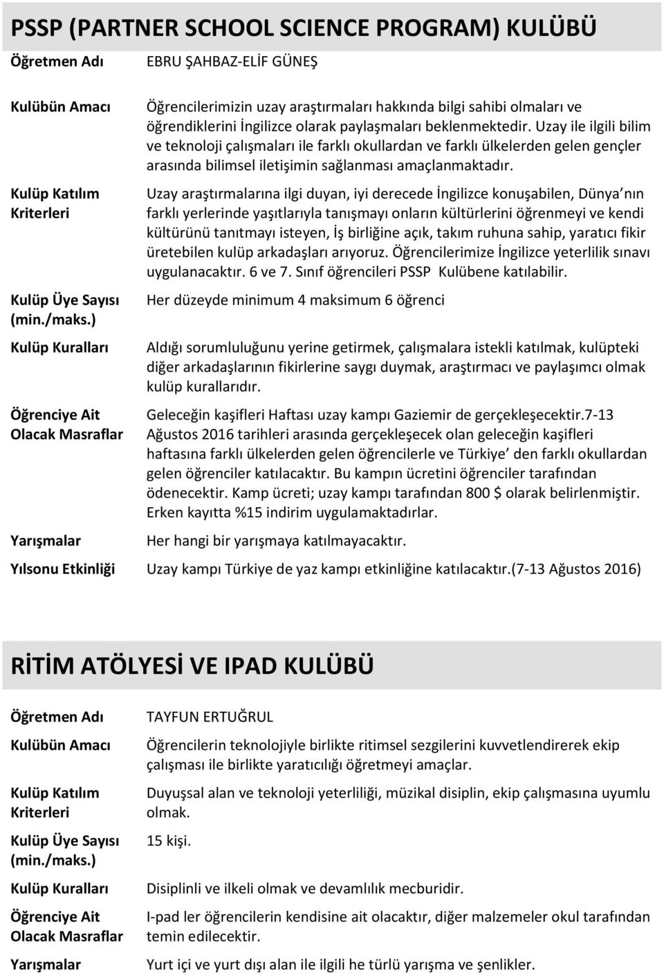 Uzay araştırmalarına ilgi duyan, iyi derecede İngilizce konuşabilen, Dünya nın farklı yerlerinde yaşıtlarıyla tanışmayı onların kültürlerini öğrenmeyi ve kendi kültürünü tanıtmayı isteyen, İş