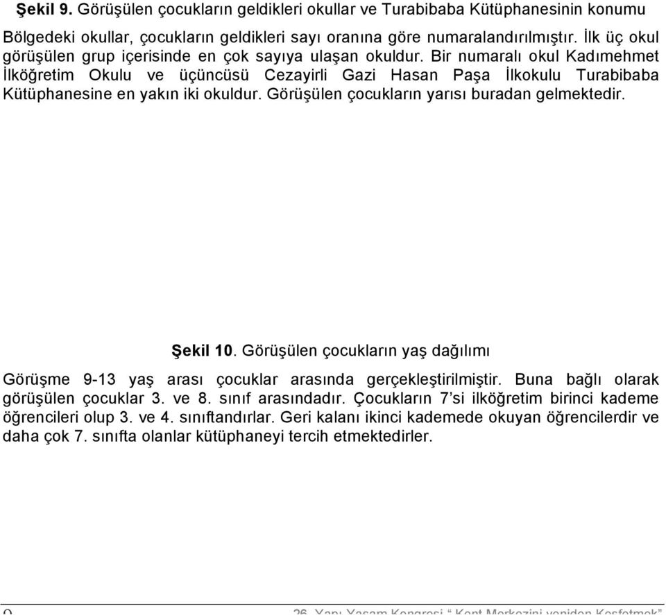 Bir numaralı okul Kadımehmet İlköğretim Okulu ve üçüncüsü Cezayirli Gazi Hasan Paşa İlkokulu Turabibaba Kütüphanesine en yakın iki okuldur. Görüşülen çocukların yarısı buradan gelmektedir. Şekil 10.