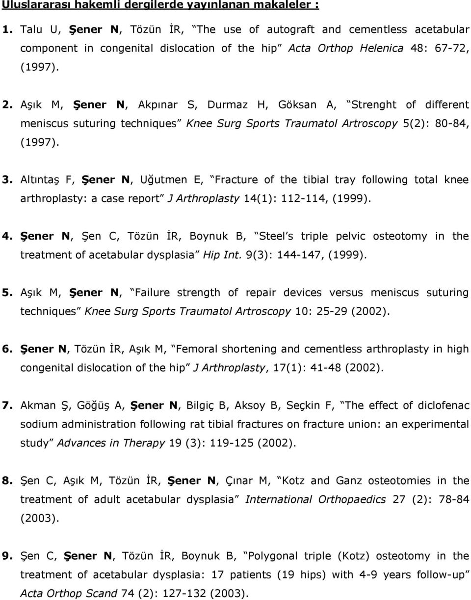 Aşık M, Şener N, Akpınar S, Durmaz H, Göksan A, Strenght of different meniscus suturing techniques Knee Surg Sports Traumatol Artroscopy 5(2): 80-84, (1997). 3.