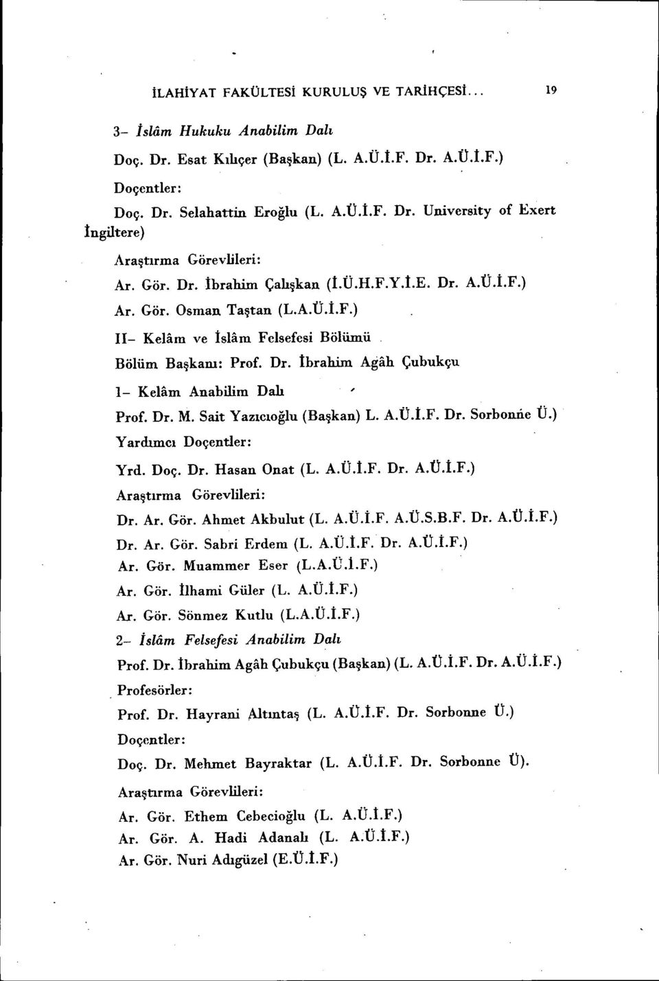 Sat Yazıcıoğlu (Başkan) L. A.Ü.ı.F. Dr. Sorbowc Ü.) Yardımcı Doçentler: Yrd. Doç. Dr. Hasan Onat (L. A.Ü.ı.F. Dr. A.Ü.t.F.) Araştırma Görevller: Dr. Ar. Gör. Ahmet Akbulut (L. A.Ü..F. A.Ü.S.B.F. Dr. A.Ü..F.) Dr.