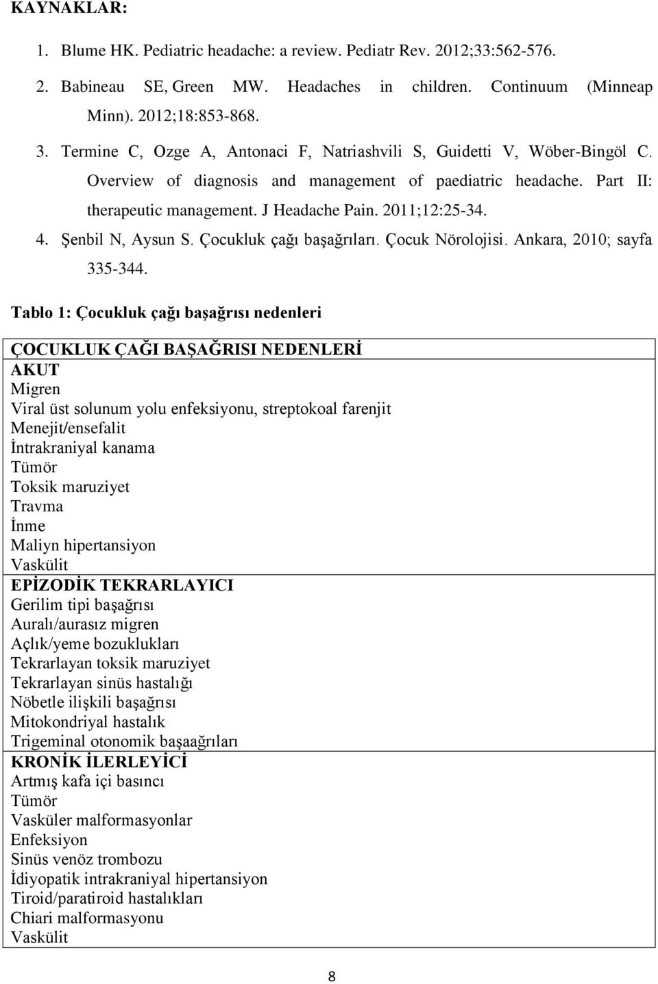 4. Şenbil N, Aysun S. Çocukluk çağı başağrıları. Çocuk Nörolojisi. Ankara, 2010; sayfa 335-344.