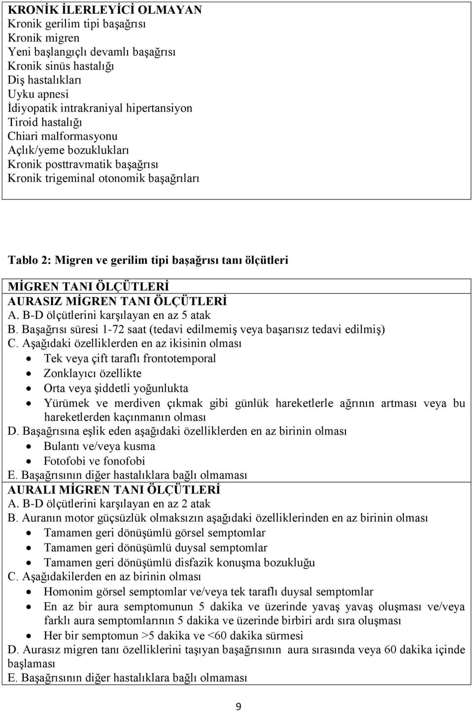 TANI ÖLÇÜTLERİ AURASIZ MİGREN TANI ÖLÇÜTLERİ A. B-D ölçütlerini karşılayan en az 5 atak B. Başağrısı süresi 1-72 saat (tedavi edilmemiş veya başarısız tedavi edilmiş) C.