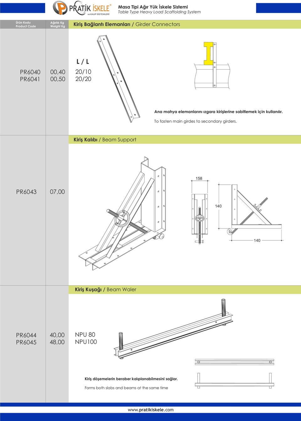 Kiriş Kalıbı / Beam Support 158 PR6043 07,00 140 140 Kiriş Kuşağı / Beam Waler PR6044 PR6045 40,00 48,00