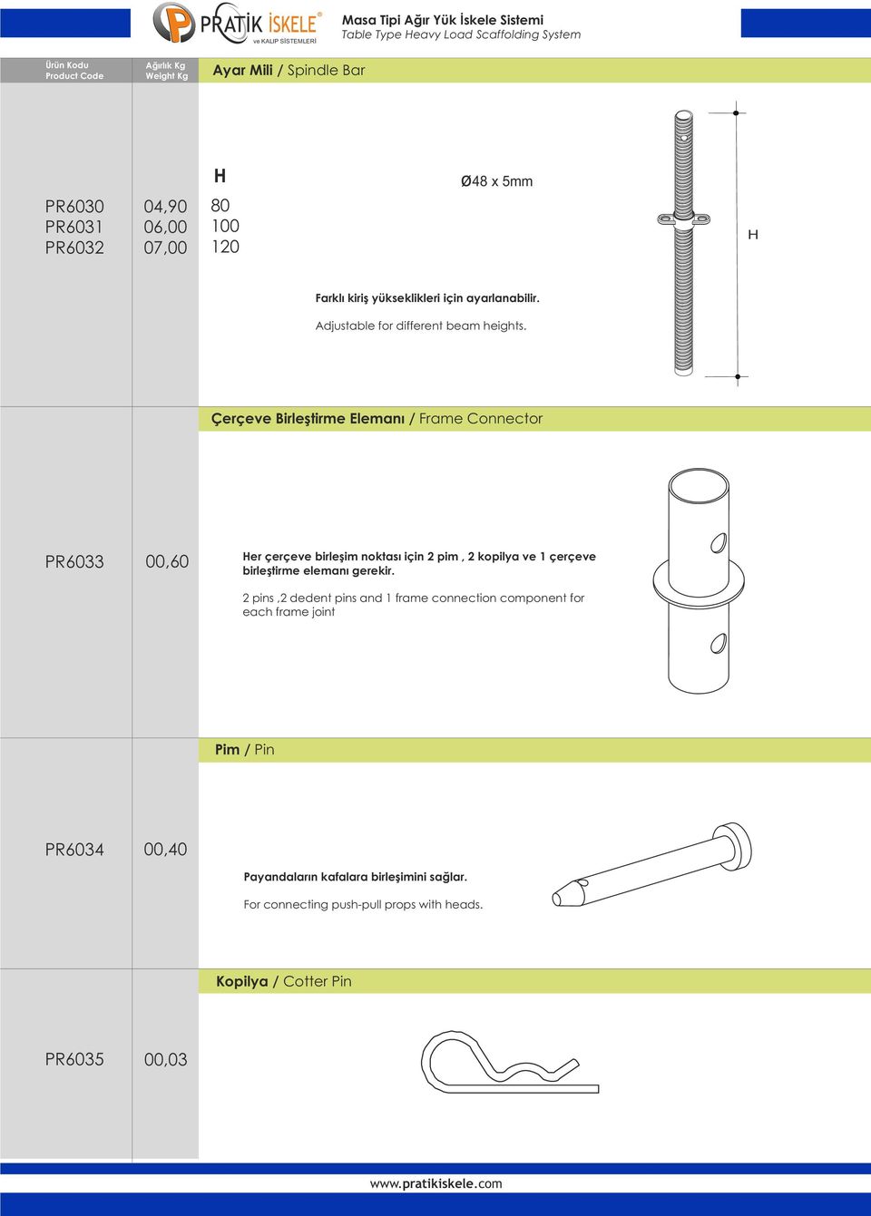 Çerçeve Birleştirme Elemanı / Frame Connector PR6033 00,60 er çerçeve birleşim noktası için 2 pim, 2 kopilya ve 1 çerçeve birleştirme