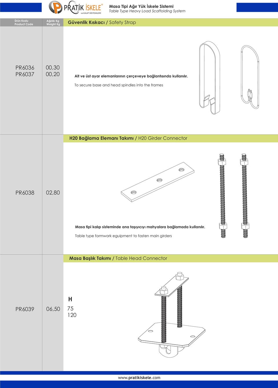 To secure base and head spindles into the frames 20 Bağlama Elemanı Takımı / 20 Girder Connector PR6038