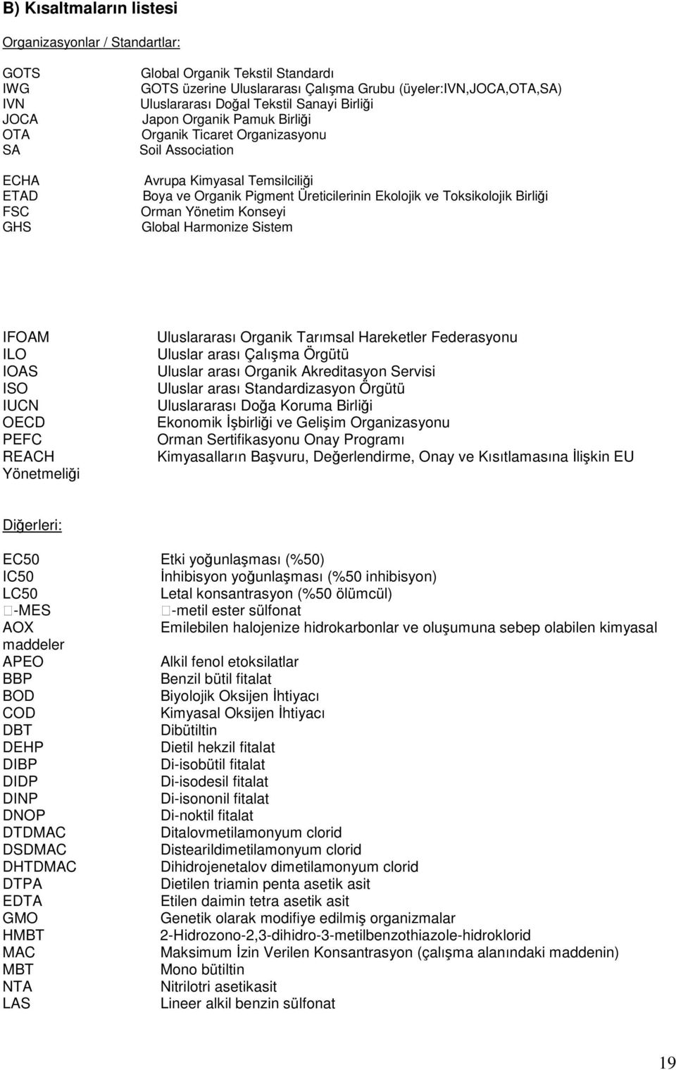 Toksikolojik Birlii Orman Yönetim Konseyi Global Harmonize Sistem IFOAM ILO IOAS ISO IUCN OECD PEFC REACH Yönetmelii Uluslararası Organik Tarımsal Hareketler Federasyonu Uluslar arası Çalıma Örgütü