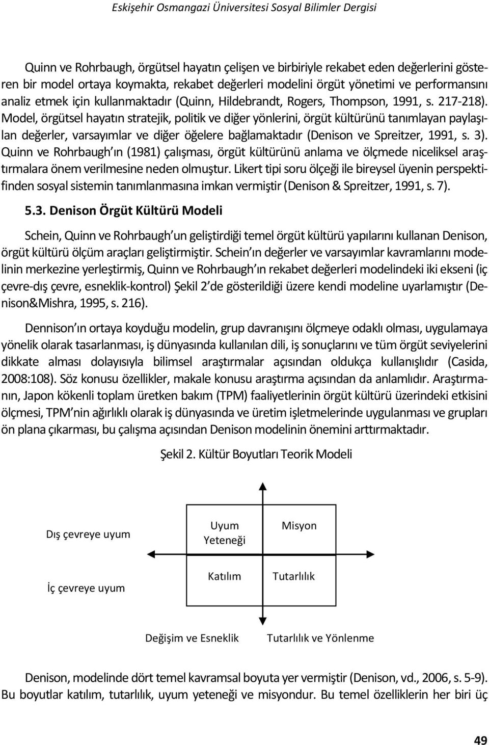 Model, örgütsel hayatın stratejik, politik ve diğer yönlerini, örgüt kültürünü tanımlayan paylaşılan değerler, varsayımlar ve diğer öğelere bağlamaktadır (Denison ve Spreitzer, 1991, s. 3).