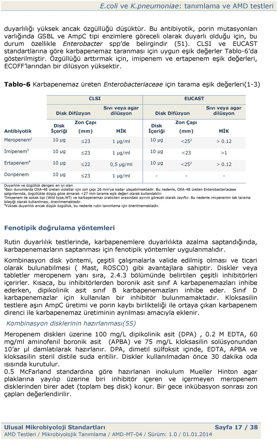 CLSI ve EUCAST standartlarına göre karbapenemaz taranması için uygun eşik değerler Tablo-6 da gösterilmiştir.