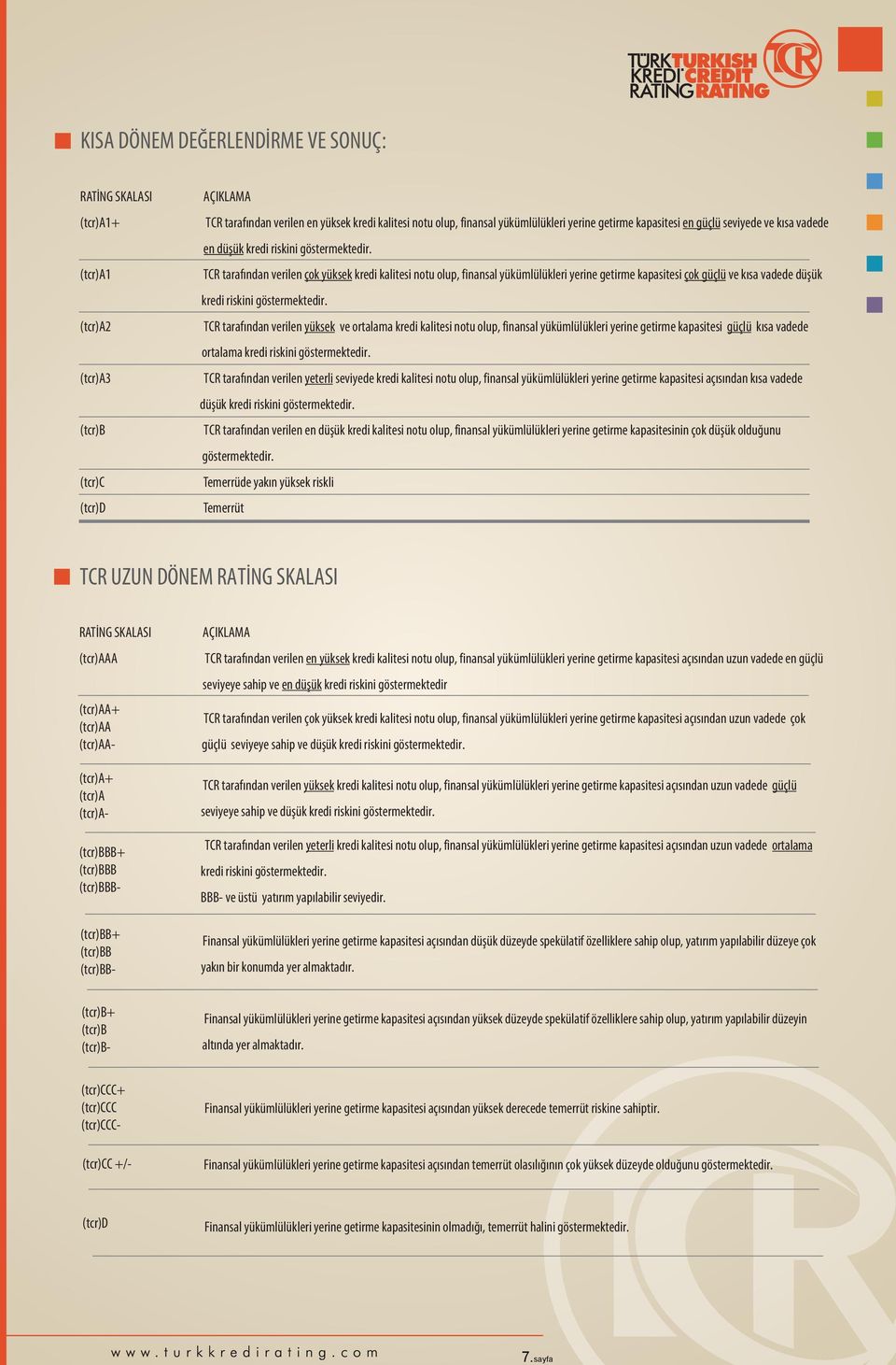 TCR tarafından verilen çok yüksek kredi kalitesi notu olup, finansal yükümlülükleri yerine getirme kapasitesi çok güçlü ve kısa vadede düşük kredi riskini göstermektedir.