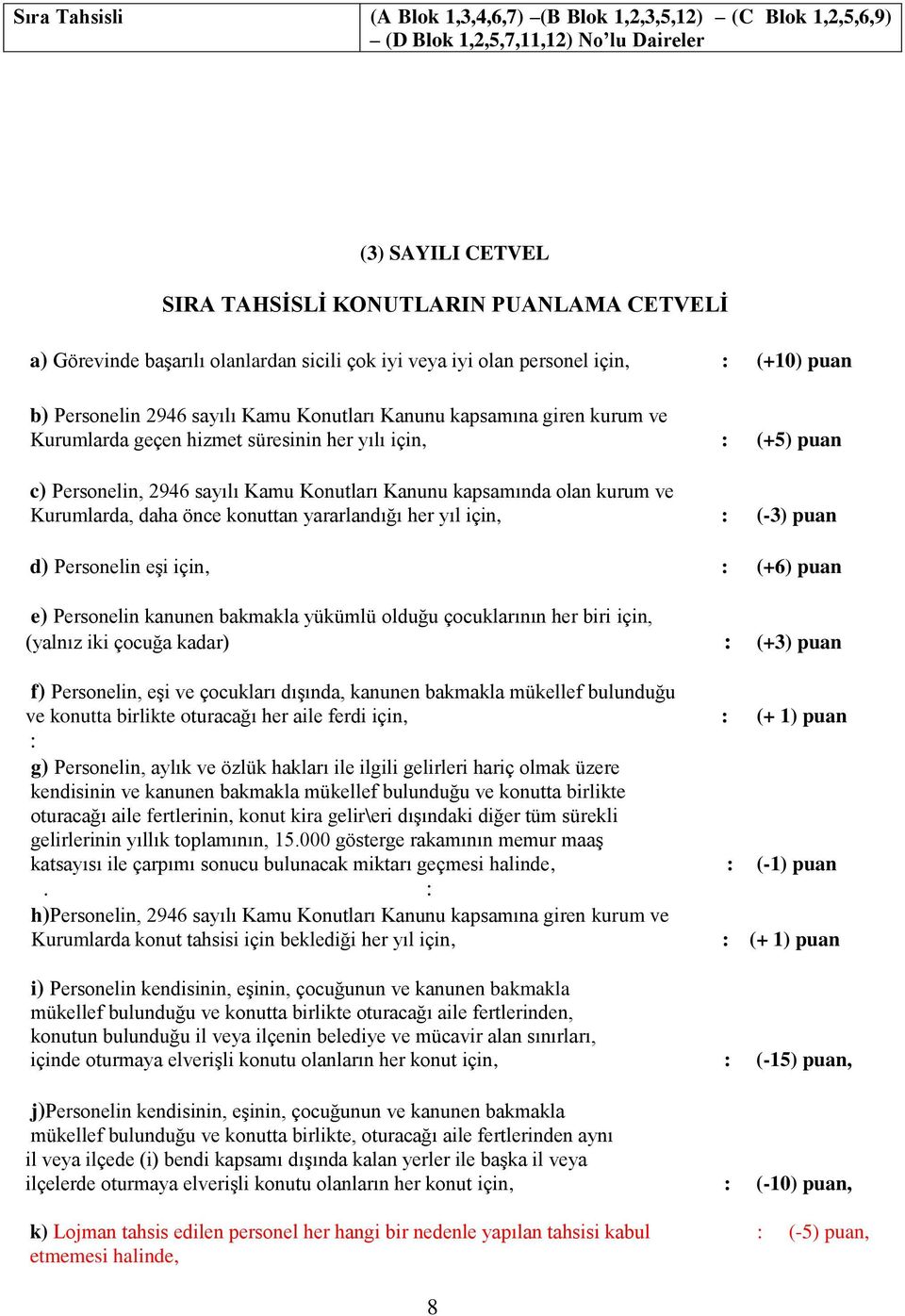 puan c) Personelin, 2946 sayılı Kamu Konutları Kanunu kapsamında olan kurum ve Kurumlarda, daha önce konuttan yararlandığı her yıl için, : (-3) puan d) Personelin eşi için, : (+6) puan e) Personelin