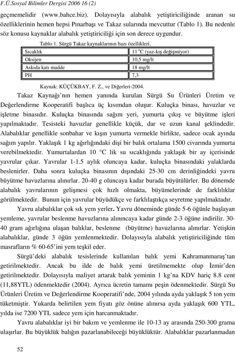 Askıda katı madde PH 7,3 11 o C (yaz-kış değişmiyor) 10,5 mg/lt 18 mg/lt Kaynak: KÜÇÜKBAY, F. Z., ve Diğerleri-2004.