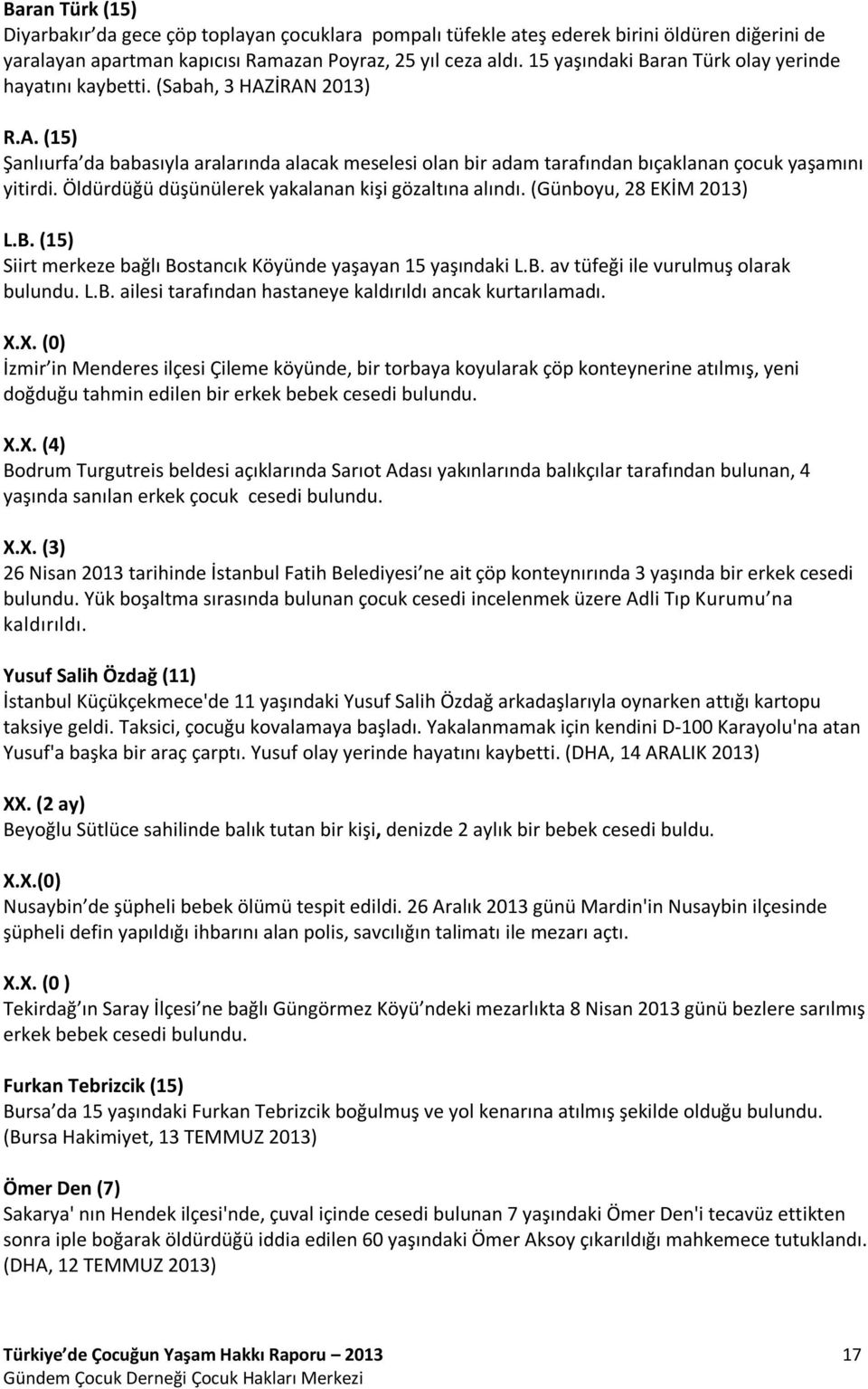 Öldürdüğü düşünülerek yakalanan kişi gözaltına alındı. (Günboyu, 28 EKİM 2013) L.B. (15) Siirt merkeze bağlı Bostancık Köyünde yaşayan 15 yaşındaki L.B. av tüfeği ile vurulmuş olarak bulundu. L.B. ailesi tarafından hastaneye kaldırıldı ancak kurtarılamadı.