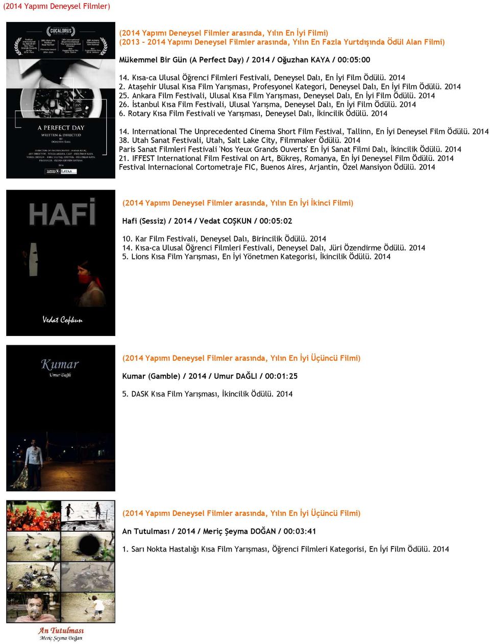 Ataşehir Ulusal Kısa Film Yarışması, Profesyonel Kategori, Deneysel Dalı, En İyi Film Ödülü. 2014 25. Ankara Film Festivali, Ulusal Kısa Film Yarışması, Deneysel Dalı, En İyi Film Ödülü. 2014 26.