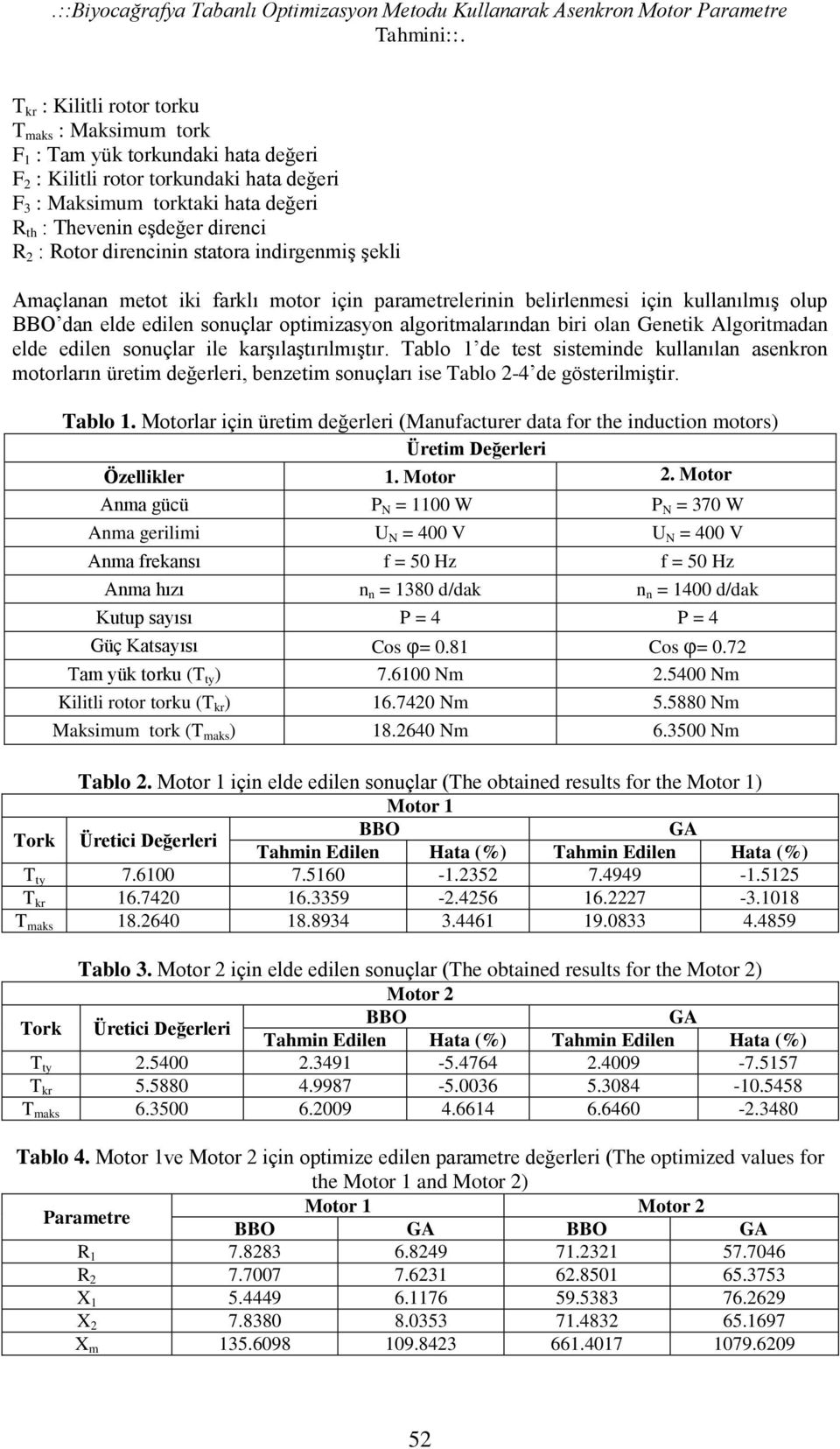 direncinin statora indirgeniş şekli Aaçlanan etot iki farklı otor için paraetrelerinin belirlenesi için kullanılış olup BBO dan elde edilen sonuçlar optiizasyon algoritalarından biri olan Genetik