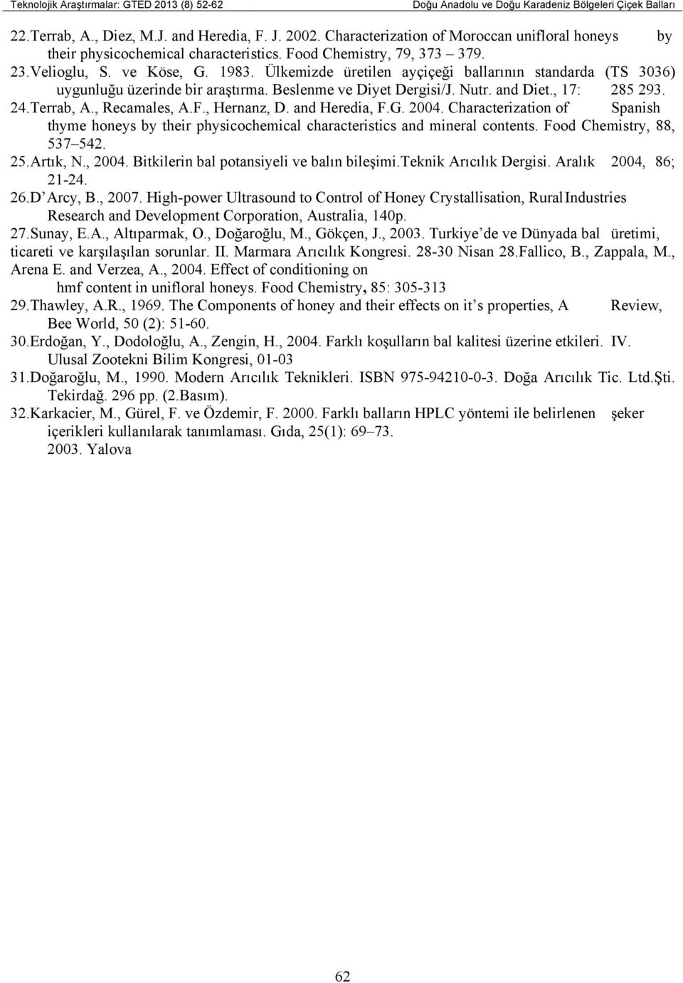 Ülkemizde üretilen ayçiçeği ballarının standarda (TS 3036) uygunluğu üzerinde bir araştırma. Beslenme ve Diyet Dergisi/J. Nutr. and Diet., 17: 285 293. 24.Terrab, A., Recamales, A.F., Hernanz, D.