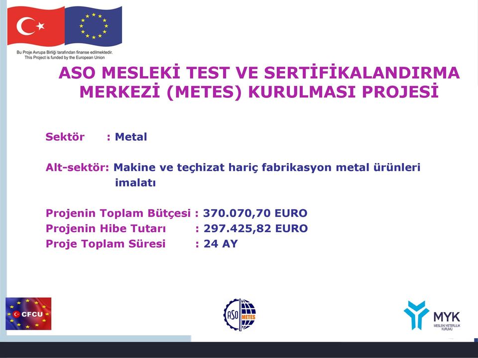 fabrikasyon metal ürünleri imalatı Projenin Toplam Bütçesi : 370.
