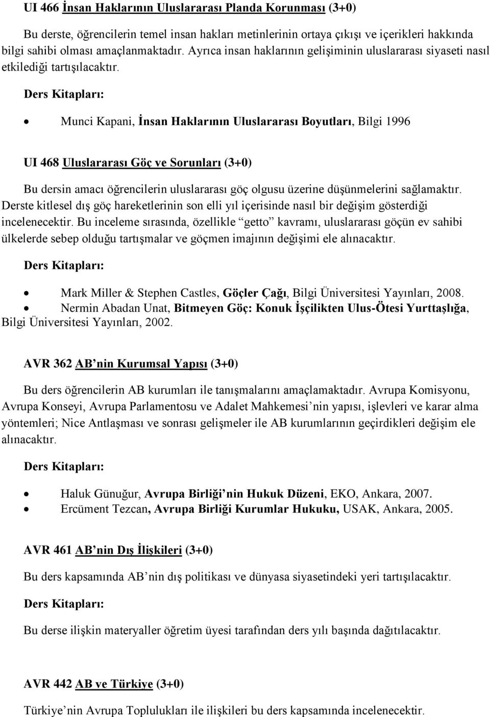 Munci Kapani, İnsan Haklarının Uluslararası Boyutları, Bilgi 1996 UI 468 Uluslararası Göç ve Sorunları (3+0) Bu dersin amacı öğrencilerin uluslararası göç olgusu üzerine düşünmelerini sağlamaktır.