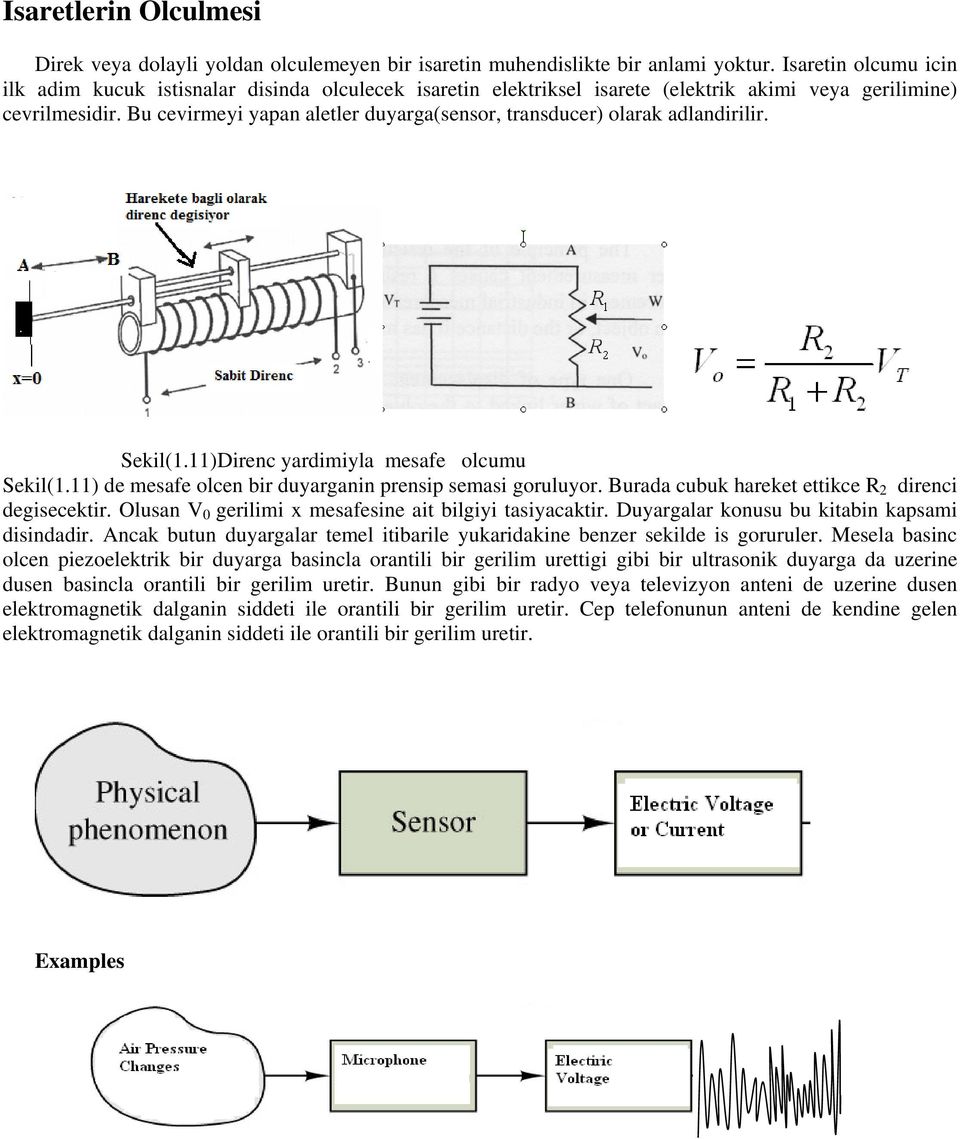 Bu cevirmeyi yapan aletler duyarga(sensor, transducer) olarak adlandirilir. Sekil(.)Direnc yardimiyla mesafe olcumu Sekil(.) de mesafe olcen bir duyarganin prensip semasi goruluyor.