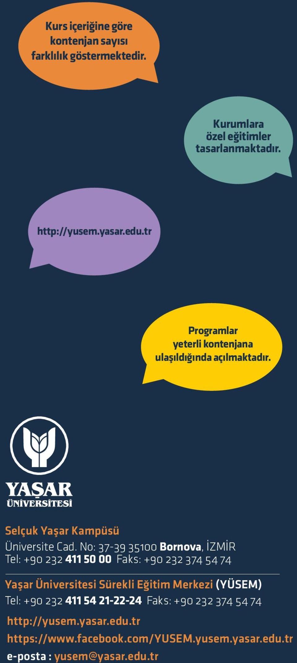 No: 37-39 35100 Bornova, İZMİR Tel: +90 232 411 50 00 Faks: +90 232 374 54 74 Yaşar Üniversitesi Sürekli Eğitim Merkezi (YÜSEM)