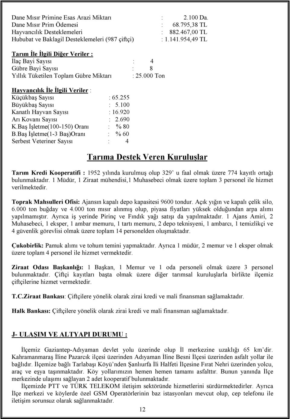 255 Büyükbaş Sayısı : 5.100 Kanatlı Hayvan Sayısı : 16.920 Arı Kovanı Sayısı : 2.690 K.Baş İşletme(100-150) Oranı : % 80 B.