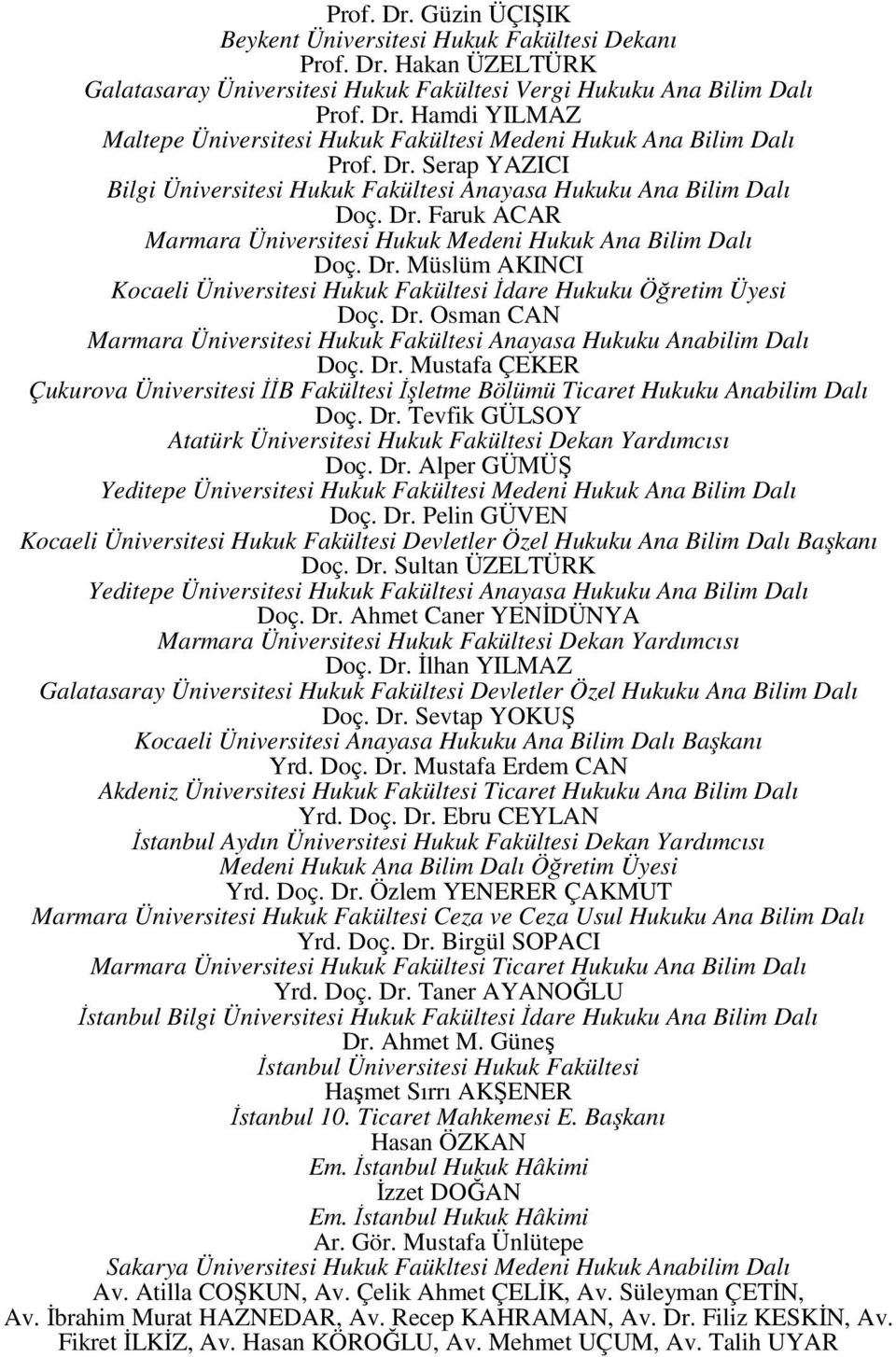 Dr. Osman CAN Marmara Üniversitesi Hukuk Fakültesi Anayasa Hukuku Anabilim Dalı Doç. Dr. Mustafa ÇEKER Çukurova Üniversitesi İİB Fakültesi İşletme Bölümü Ticaret Hukuku Anabilim Dalı Doç. Dr. Tevfik GÜLSOY Atatürk Üniversitesi Hukuk Fakültesi Dekan Yardımcısı Doç.