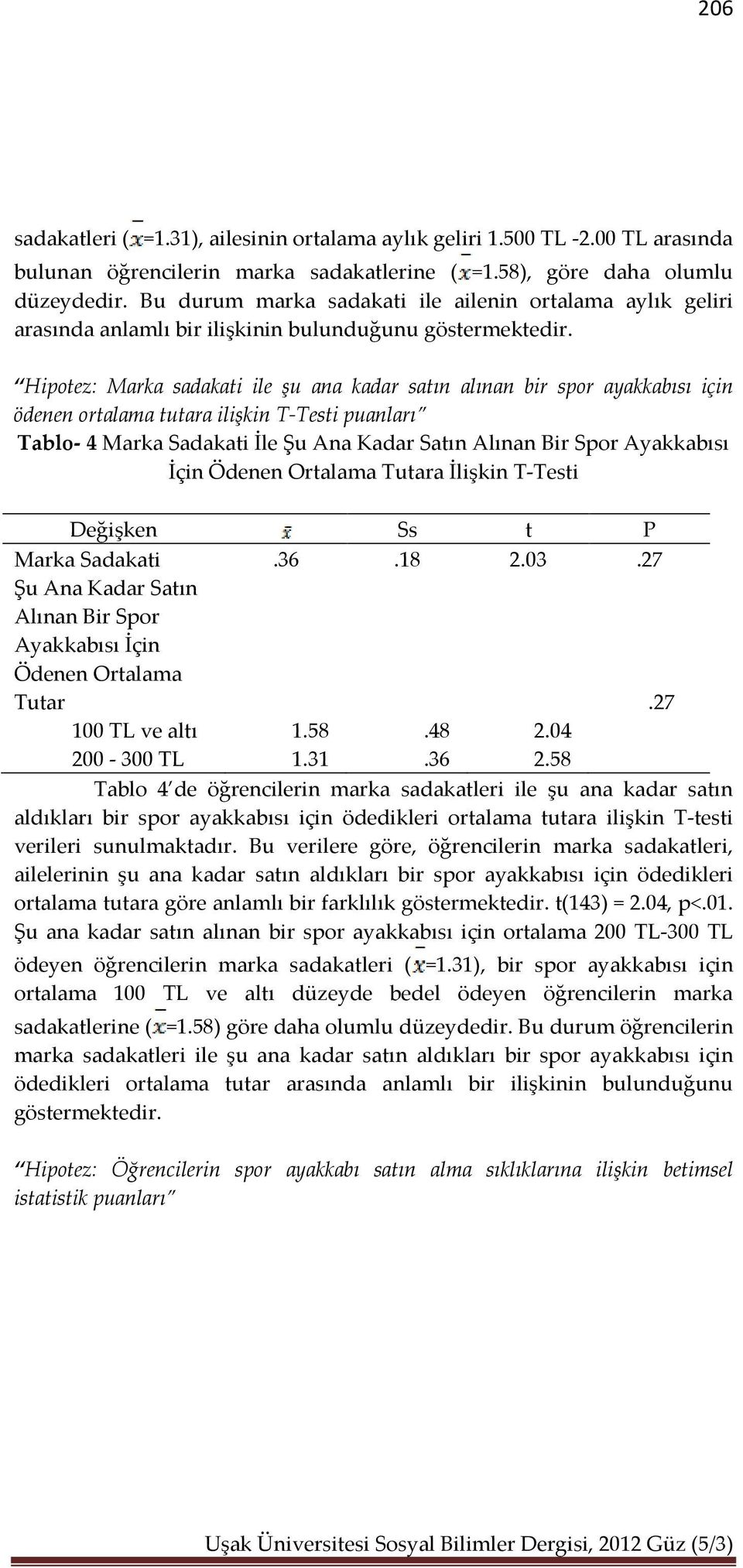 Hipotez: Marka sadakati ile şu ana kadar satın alınan bir spor ayakkabısı için ödenen ortalama tutara ilişkin T-Testi puanları Tablo- 4 Marka Sadakati İle Şu Ana Kadar Satın Alınan Bir Spor