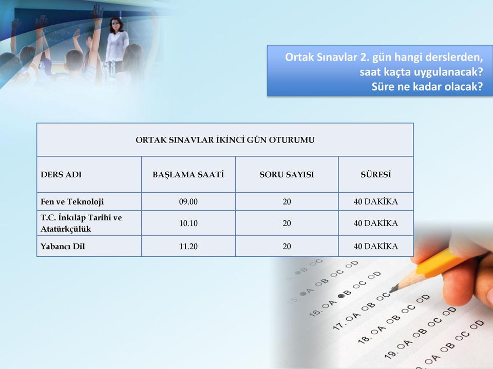 ORTAK SINAVLAR İKİNCİ GÜN OTURUMU DERS ADI BAŞLAMA SAATİ SORU SAYISI