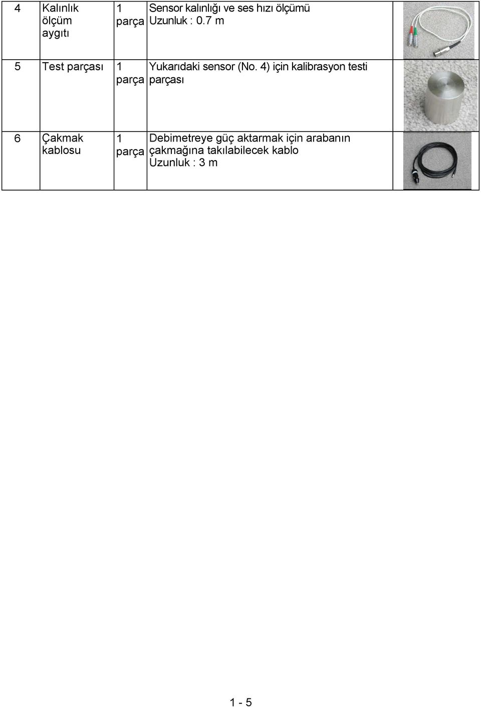 4) için kalibrasyon testi parçası 6 Çakmak kablosu 1 parça