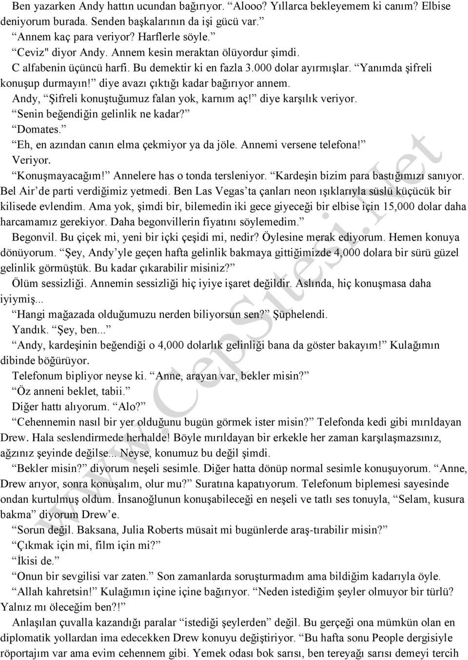 diye avazı çıktığı kadar bağırıyor annem. Andy, Şifreli konuştuğumuz falan yok, karnım aç! diye karşılık veriyor. Senin beğendiğin gelinlik ne kadar? Domates.