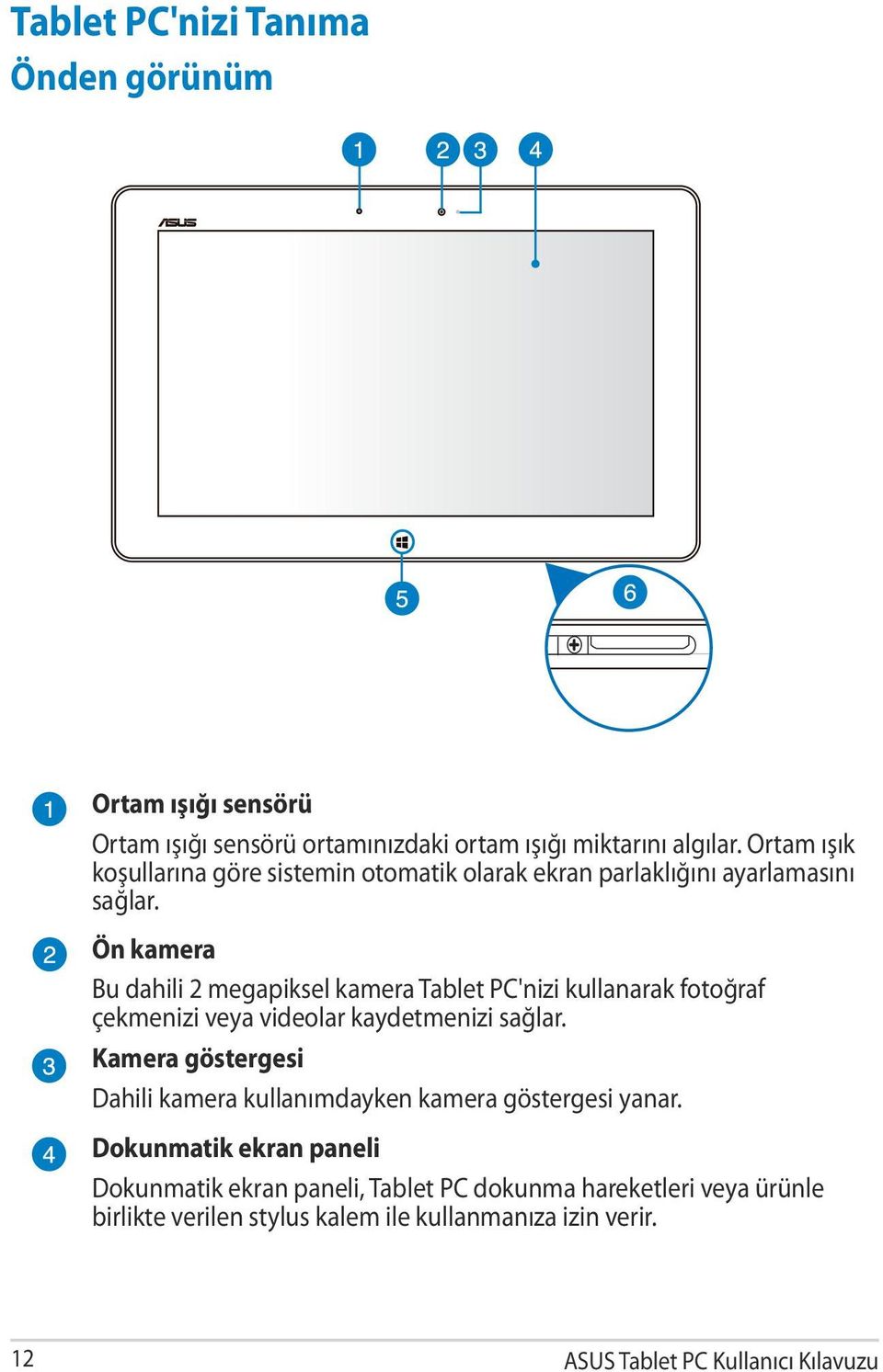 Ön kamera Bu dahili 2 megapiksel kamera Tablet PC'nizi kullanarak fotoğraf çekmenizi veya videolar kaydetmenizi sağlar.