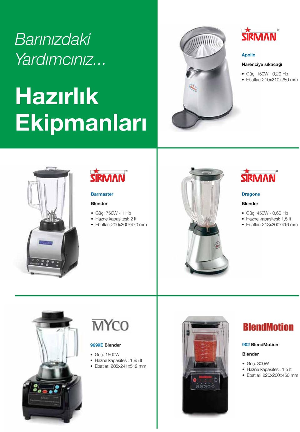 Blender Güç: 750W - 1 Hp Hazne kapasitesi: 2 lt Ebatlar: 200x200x470 mm Dragone Blender Güç: 450W - 0,60 Hp