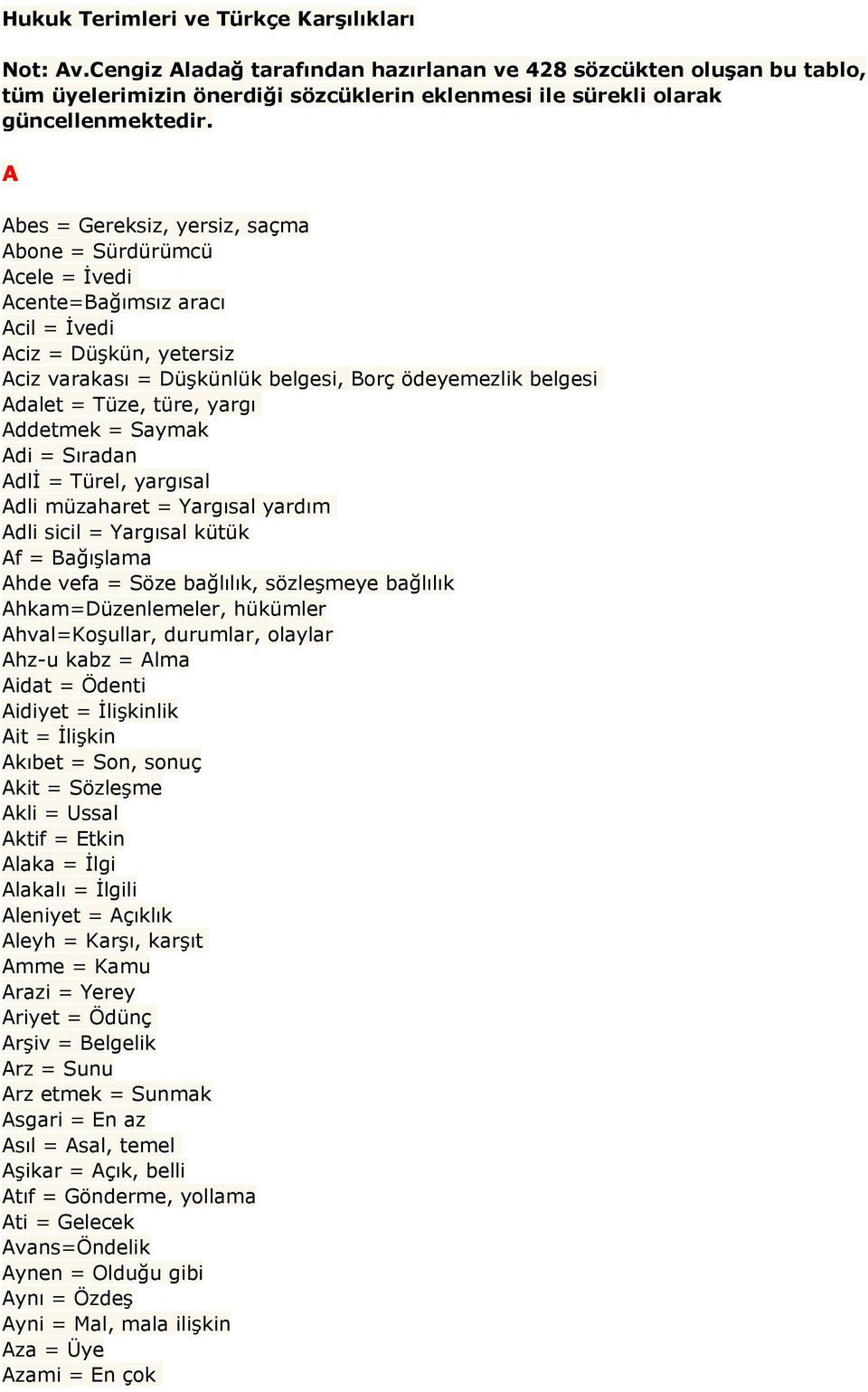 A Abes = Gereksiz, yersiz, saçma Abone = Sürdürümcü Acele = İvedi Acente=Bağımsız aracı Acil = İvedi Aciz = Düşkün, yetersiz Aciz varakası = Düşkünlük belgesi, Borç ödeyemezlik belgesi Adalet = Tüze,