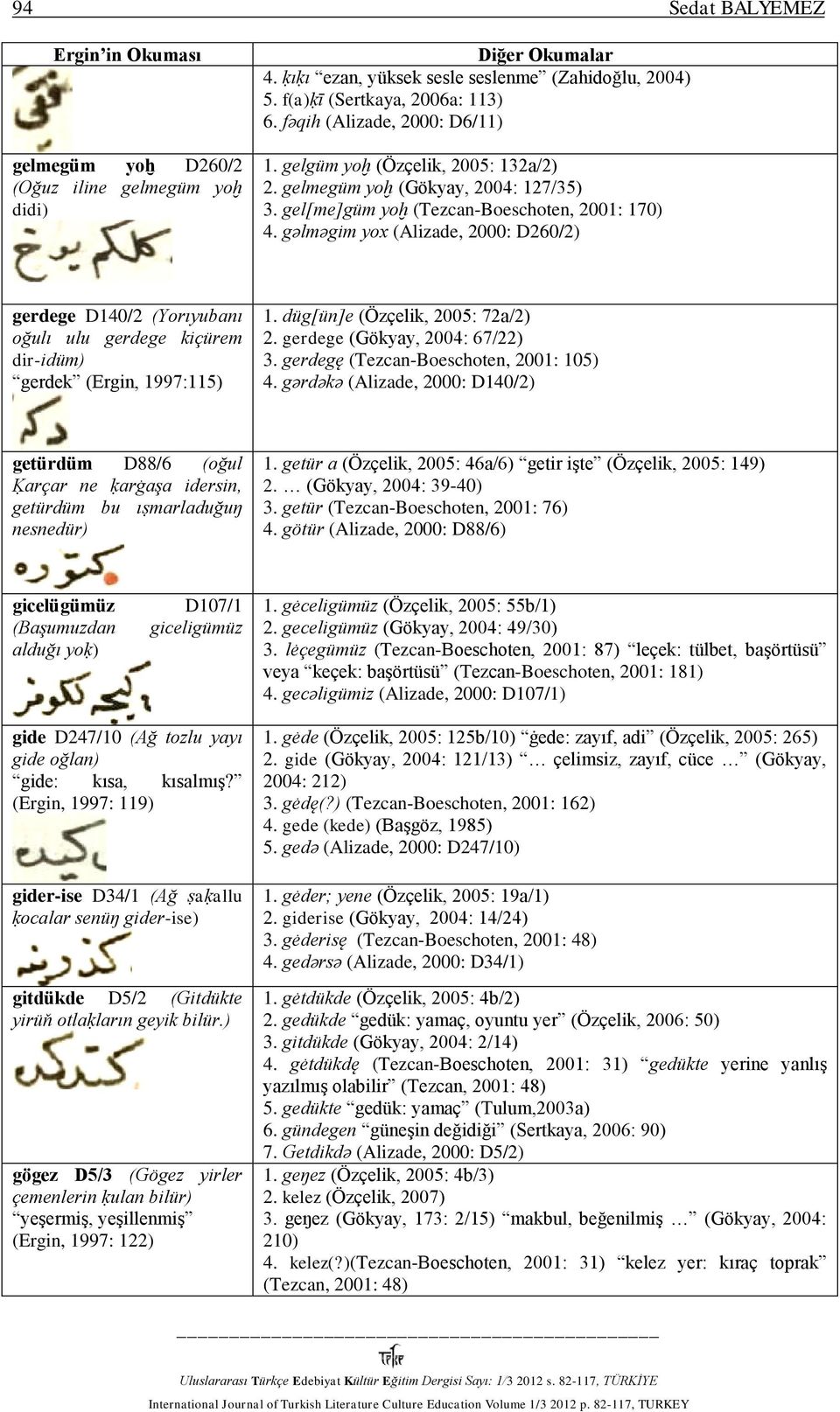 gǝlmǝgim yox (Alizade, 2000: D260/2) gerdege D140/2 (Yorıyubanı oğulı ulu gerdege kiçürem dir-idüm) gerdek (Ergin, 1997:115) 1. düg[ün]e (Özçelik, 2005: 72a/2) 2. gerdege (Gökyay, 2004: 67/22) 3.