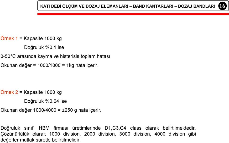 Örnek 2 = Kapasite 1000 kg Doğruluk %0.04 ise Okunan değer 1000/4000 = ±250 g hata içerir.