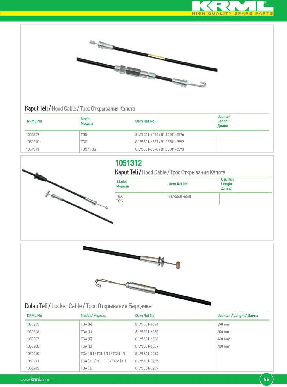 95501-6581 Dolap Teli / Locker Cable / Трос Открывания Бардачка / / / 1050205 TGA (R) 81.95501-6534 390 mm 1050206 TGA (L) 81.95501-6535 300 mm 1050207 TGA (R) 81.