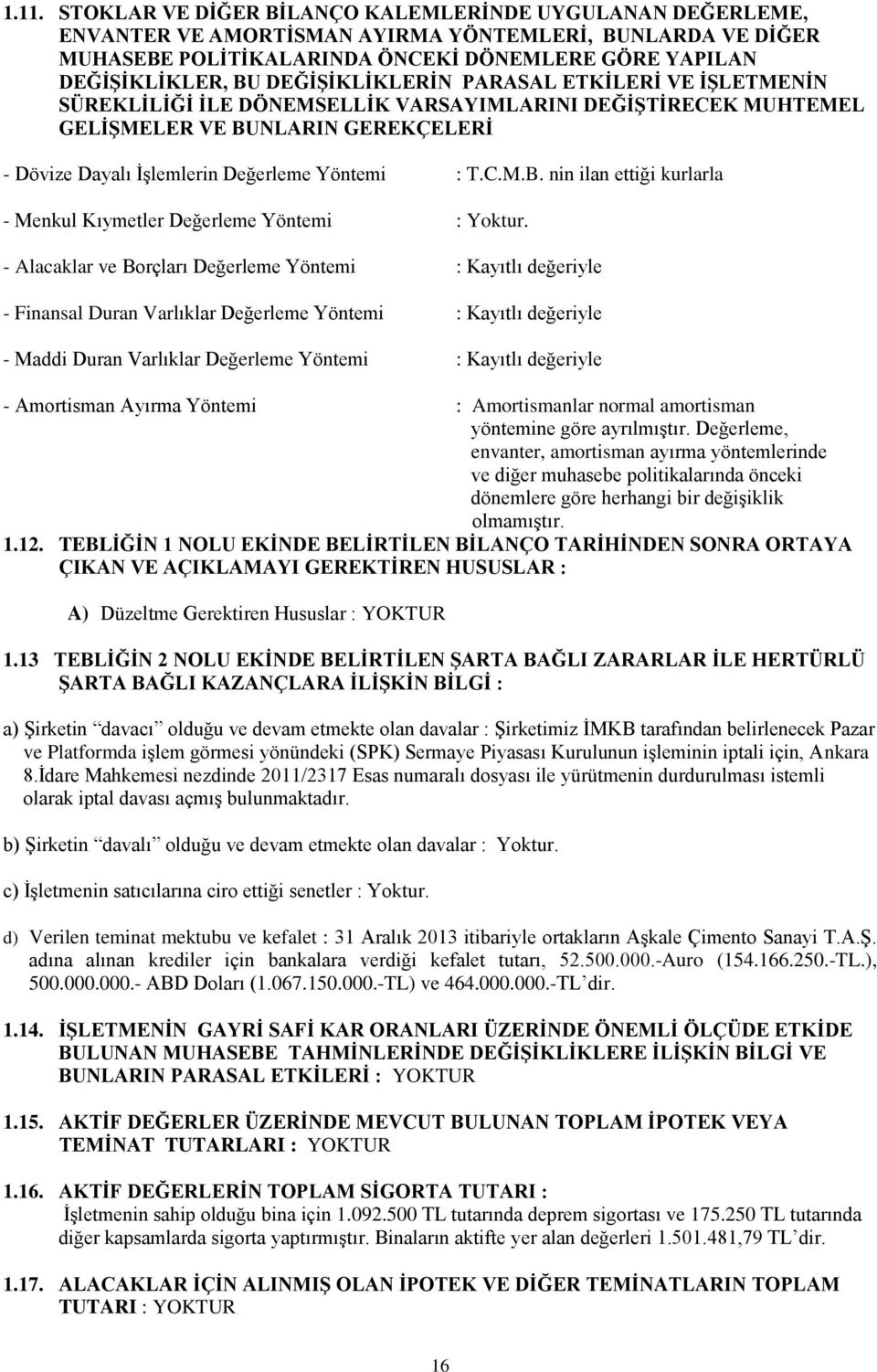 - Alacaklar ve Borçları Değerleme Yöntemi : Kayıtlı değeriyle - Finansal Duran Varlıklar Değerleme Yöntemi : Kayıtlı değeriyle - Maddi Duran Varlıklar Değerleme Yöntemi : Kayıtlı değeriyle -