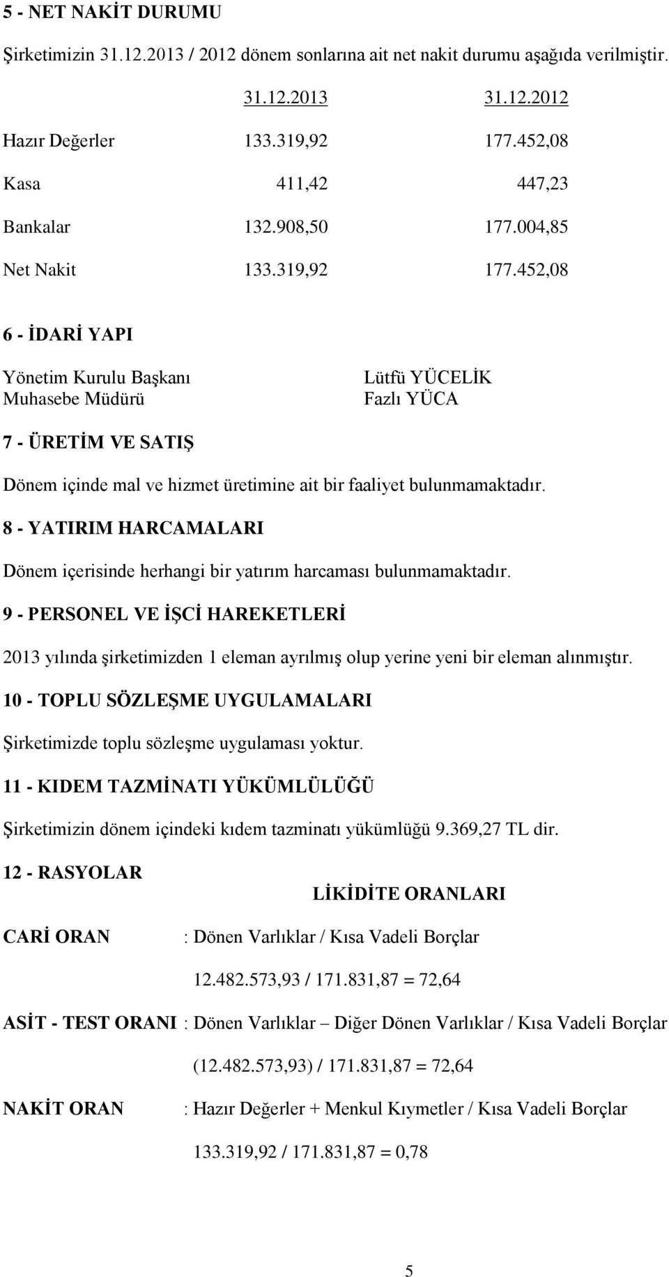 452,08 6 - İDARİ YAPI Yönetim Kurulu Başkanı Muhasebe Müdürü Lütfü YÜCELİK Fazlı YÜCA 7 - ÜRETİM VE SATIŞ Dönem içinde mal ve hizmet üretimine ait bir faaliyet bulunmamaktadır.