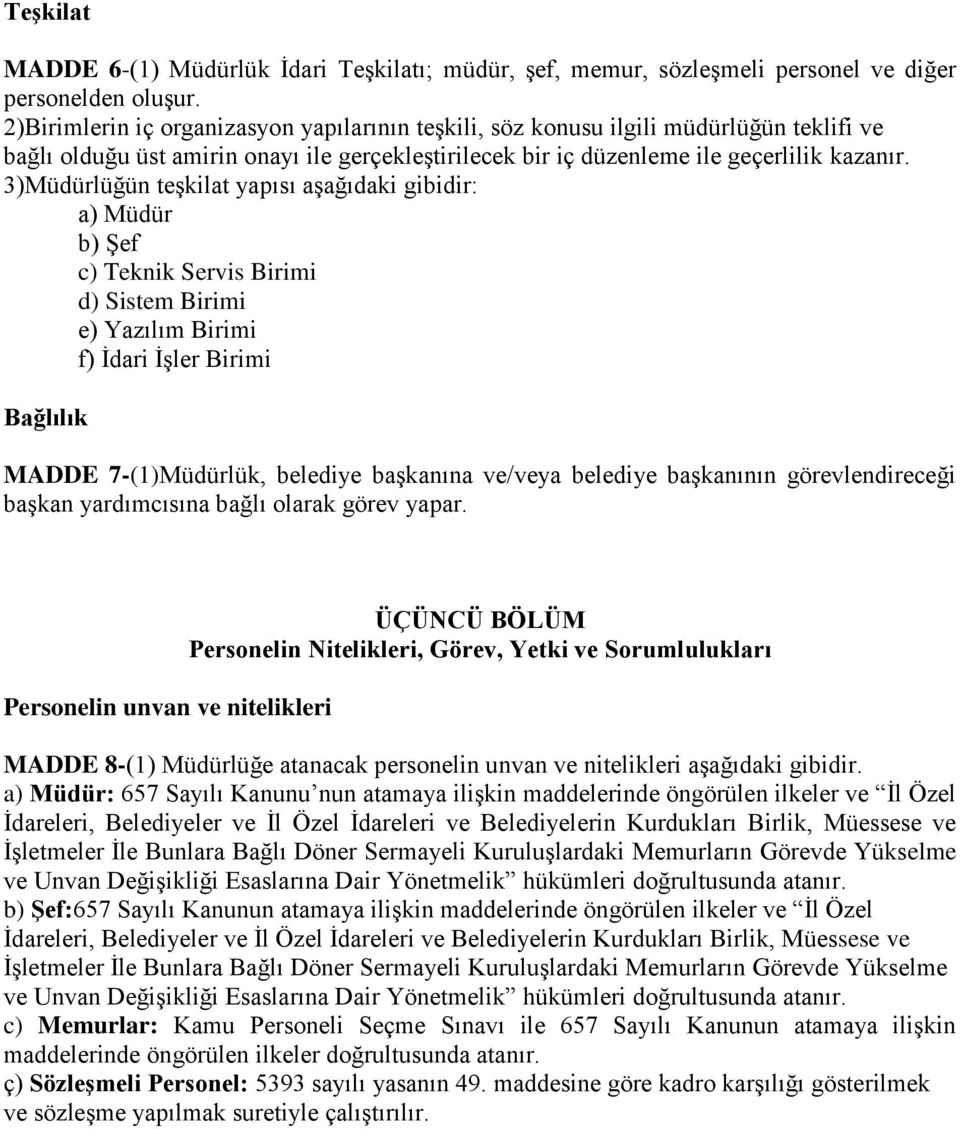 3)Müdürlüğün teşkilat yapısı aşağıdaki gibidir: a) Müdür b) Şef c) Teknik Servis Birimi d) Sistem Birimi e) Yazılım Birimi f) İdari İşler Birimi Bağlılık MADDE 7-(1)Müdürlük, belediye başkanına