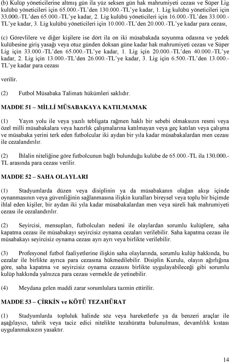 kişilere ise dört ila on iki müsabakada soyunma odasına ve yedek kulübesine giriş yasağı veya otuz günden doksan güne kadar hak mahrumiyeti cezası ve Süper Lig için 33.000.-TL den 65.000.-TL ye kadar, 1.