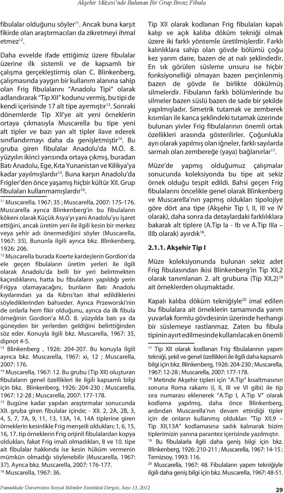 Blinkenberg, çalışmasında yaygın bir kullanım alanına sahip olan Frig fibulalarını Anadolu Tipi olarak adlandırarak Tip XII kodunu vermiş, bu tipi de kendi içerisinde 17 alt tipe ayırmıştır 13.