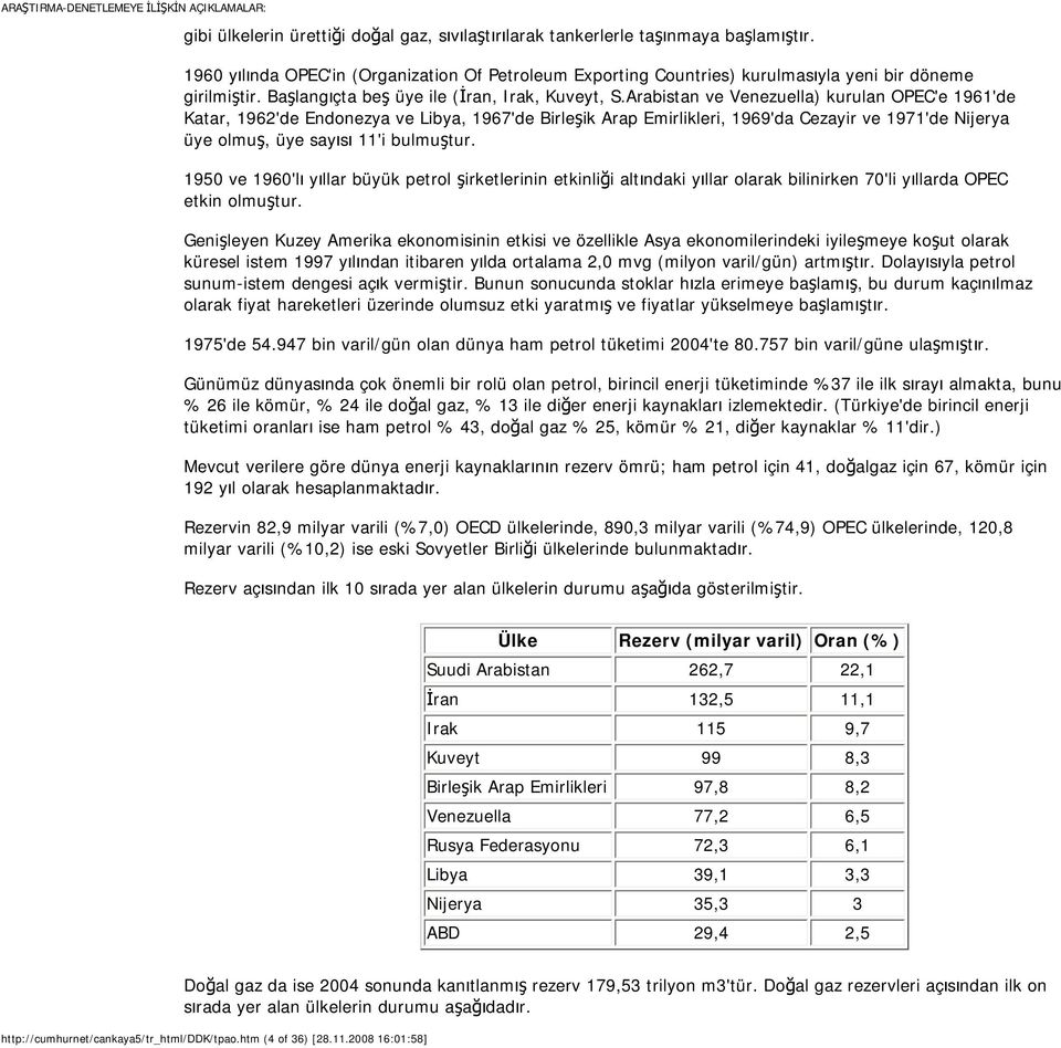 Arabistan ve Venezuella) kurulan OPEC'e 1961'de Katar, 1962'de Endonezya ve Libya, 1967'de Birleşik Arap Emirlikleri, 1969'da Cezayir ve 1971'de Nijerya üye olmuş, üye sayısı 11'i bulmuştur.