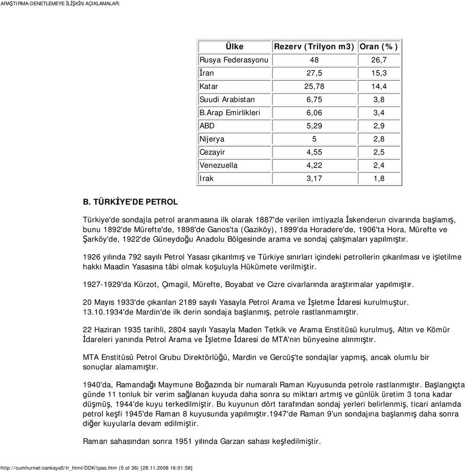 TÜRKİYE'DE PETROL Türkiye'de sondajla petrol aranmasına ilk olarak 1887'de verilen imtiyazla İskenderun civarında başlamış, bunu 1892'de Mürefte'de, 1898'de Ganos'ta (Gaziköy), 1899'da Horadere'de,